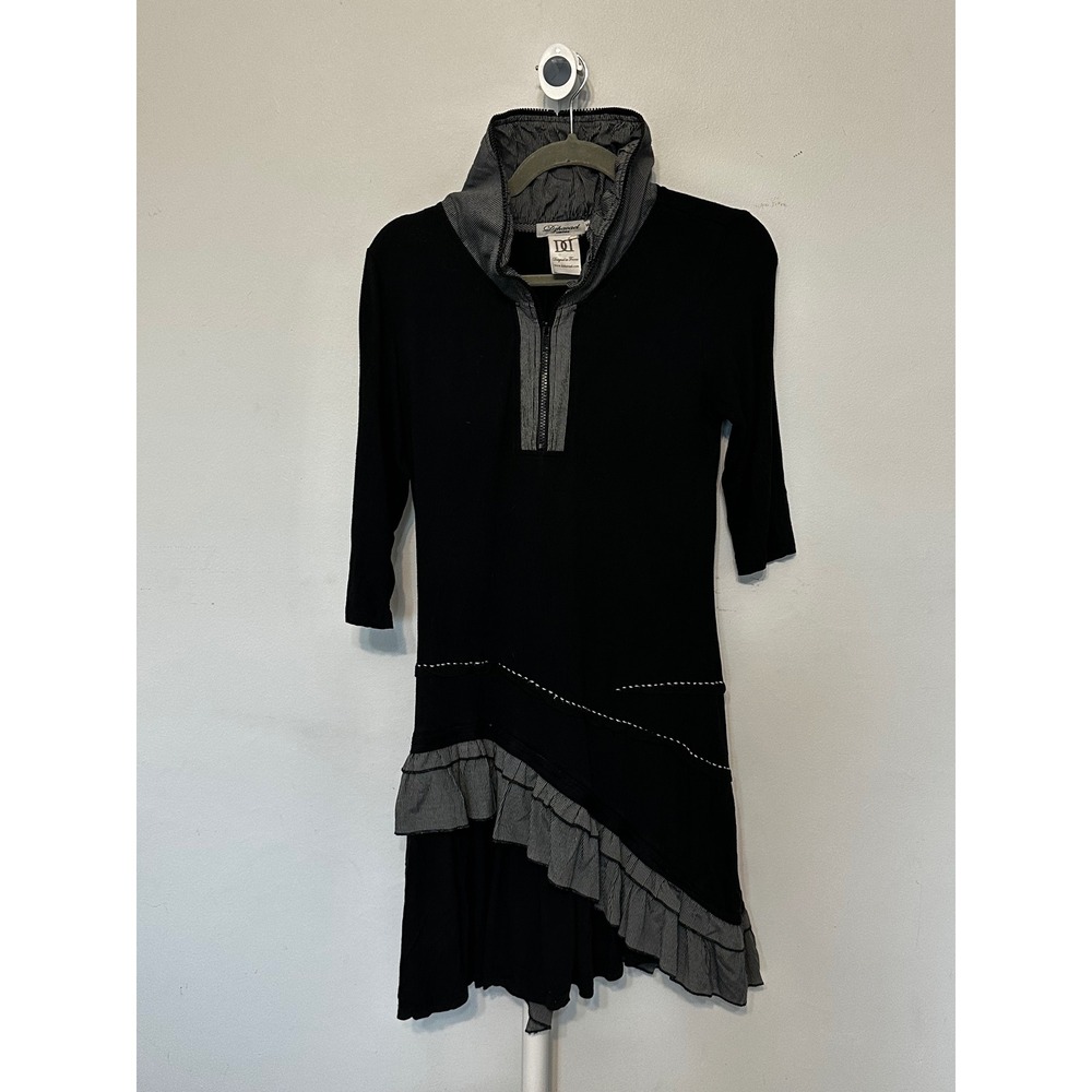 Dzhavael Couture Black Asymmetrical Ruffle Zip Neck Dress Medium French Design